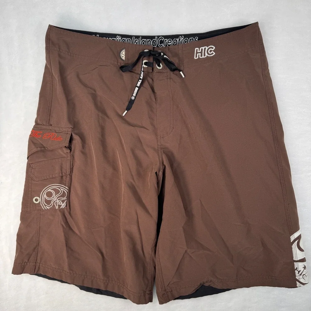 Hawaiian Island Creations HIC Brown Board Shorts Men's 36 Surf Swim Trunks Y2K